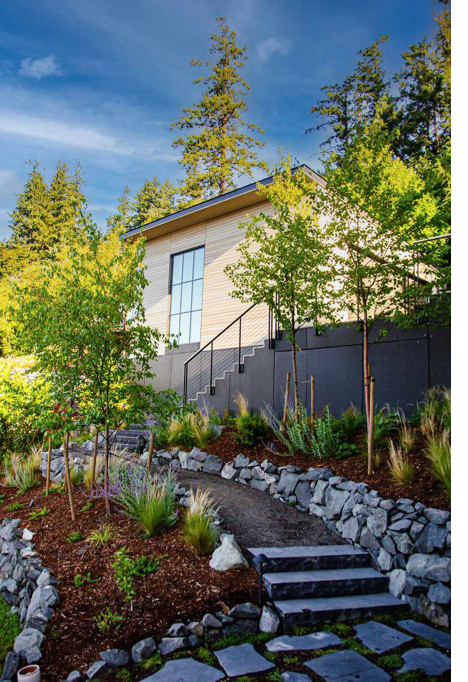 Modern retaining wall in a garden setting